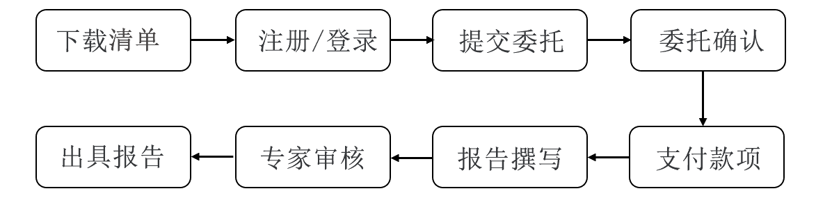 在线委托业务流程：下载清单 → 注册/登录 → 提交委托 → 委托确认 → 支付款项 → 报告撰写 → 专家审核 → 出具报告